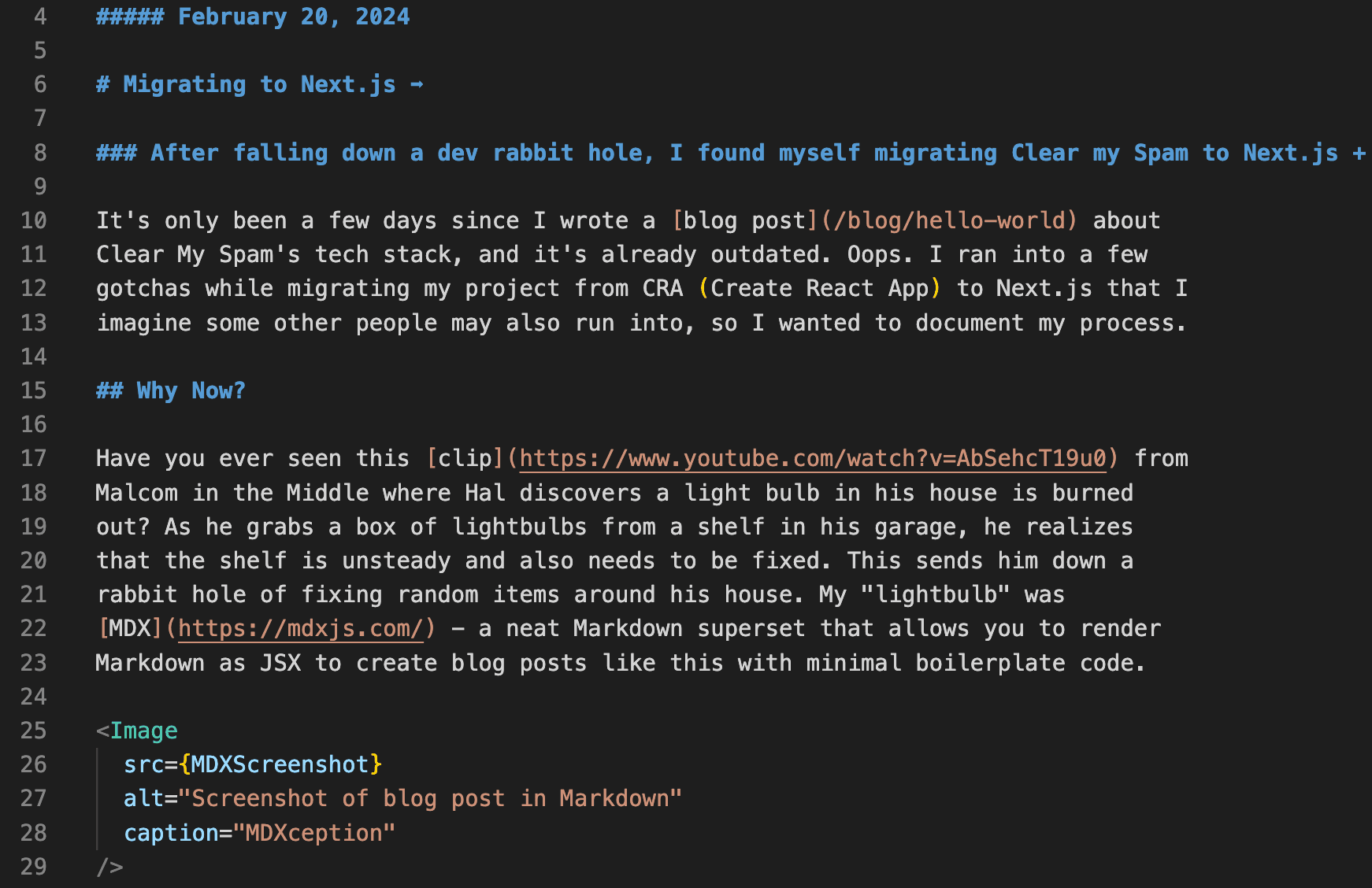 Screenshot of blog post in Markdown