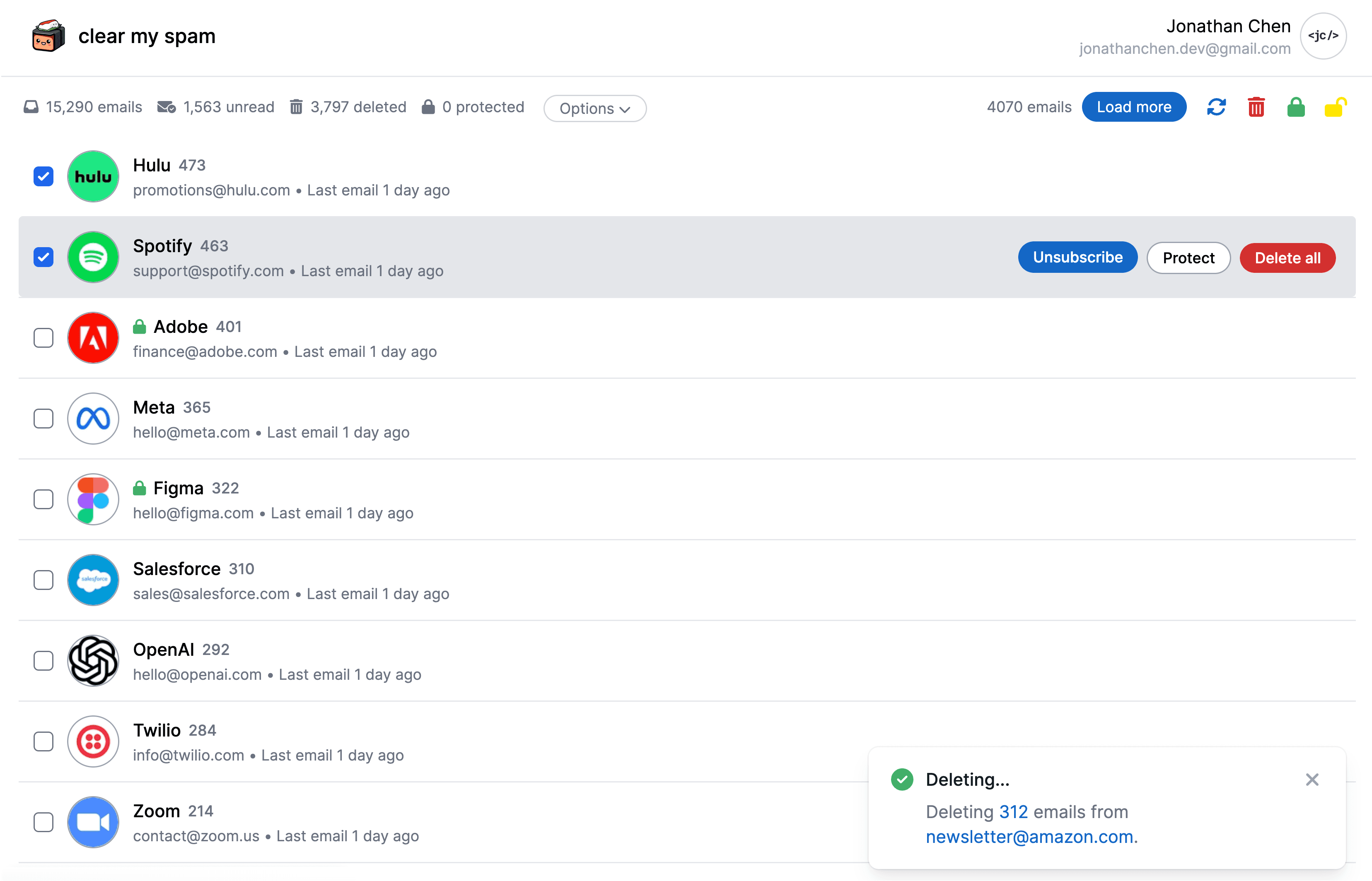 The Clear My Spam dashboard with senders grouped by email count