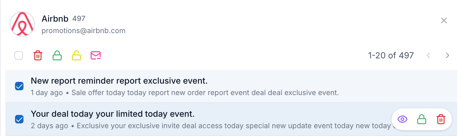 A sender's emails, two selected, with view, protect, and delete actions